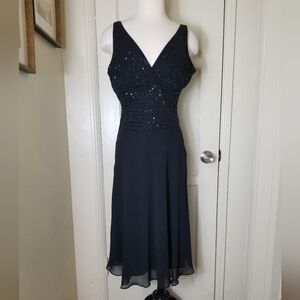 S. L. FASHIONS black beaded sequined chiffon sleeveless tea length dress
